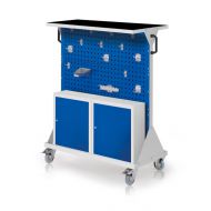 Chariot RasterMobil H1270mm avec 2 panneaux perforés, 4 panneaux à fente, 1 tablette bac avec tapis caoutchouc et accessoires